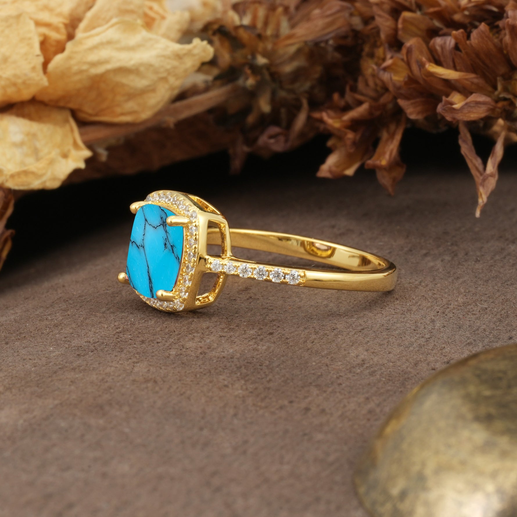 Luxurious and Unique 4-Prong Princess Cut  Turquoise Engagement Ring - Additional view