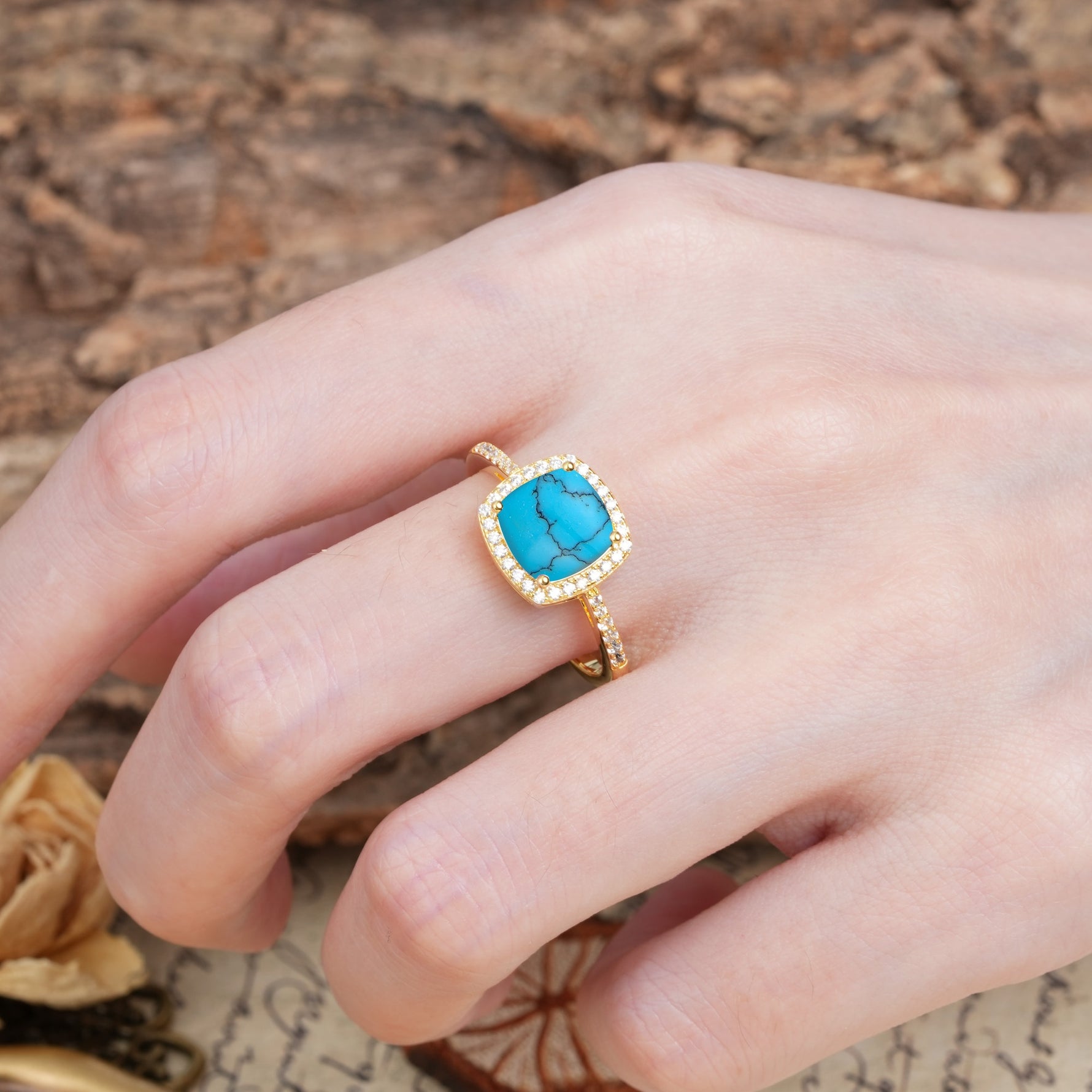 Luxurious and Unique 4-Prong Princess Cut  Turquoise Engagement Ring - Additional view
