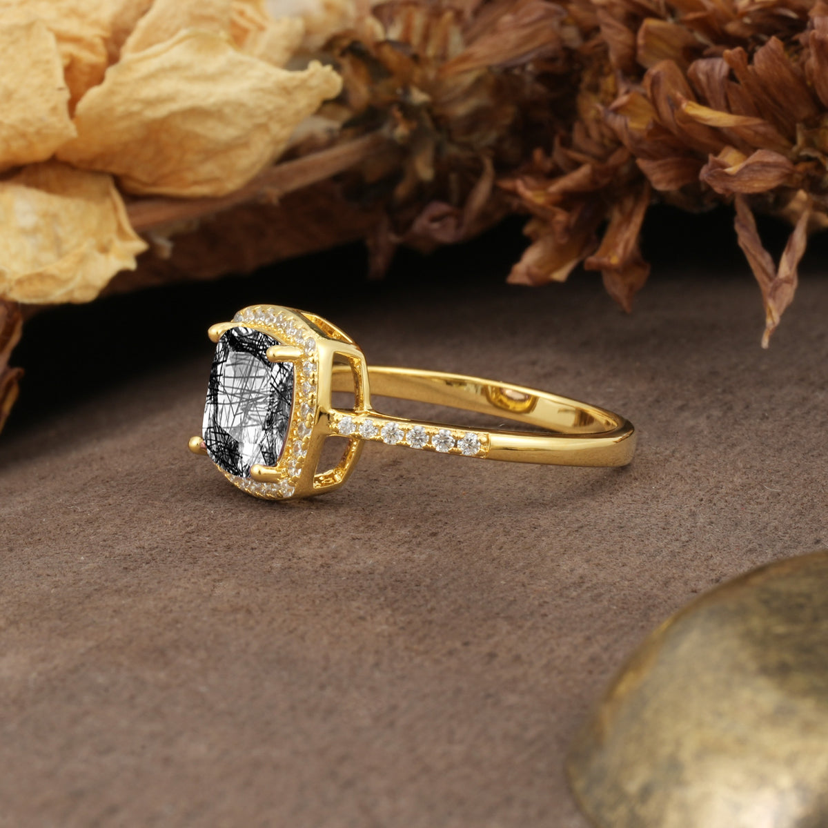 Luxurious and Unique 4-Prong Princess Cut  Black Rutilated Quartz Engagement Ring - Additional view