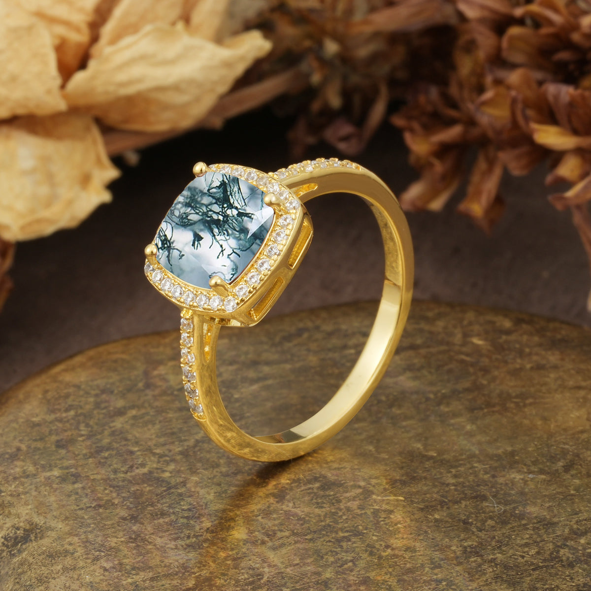 Luxurious and Unique 4-Prong Princess Cut  Moss Agate Engagement Ring - Additional view