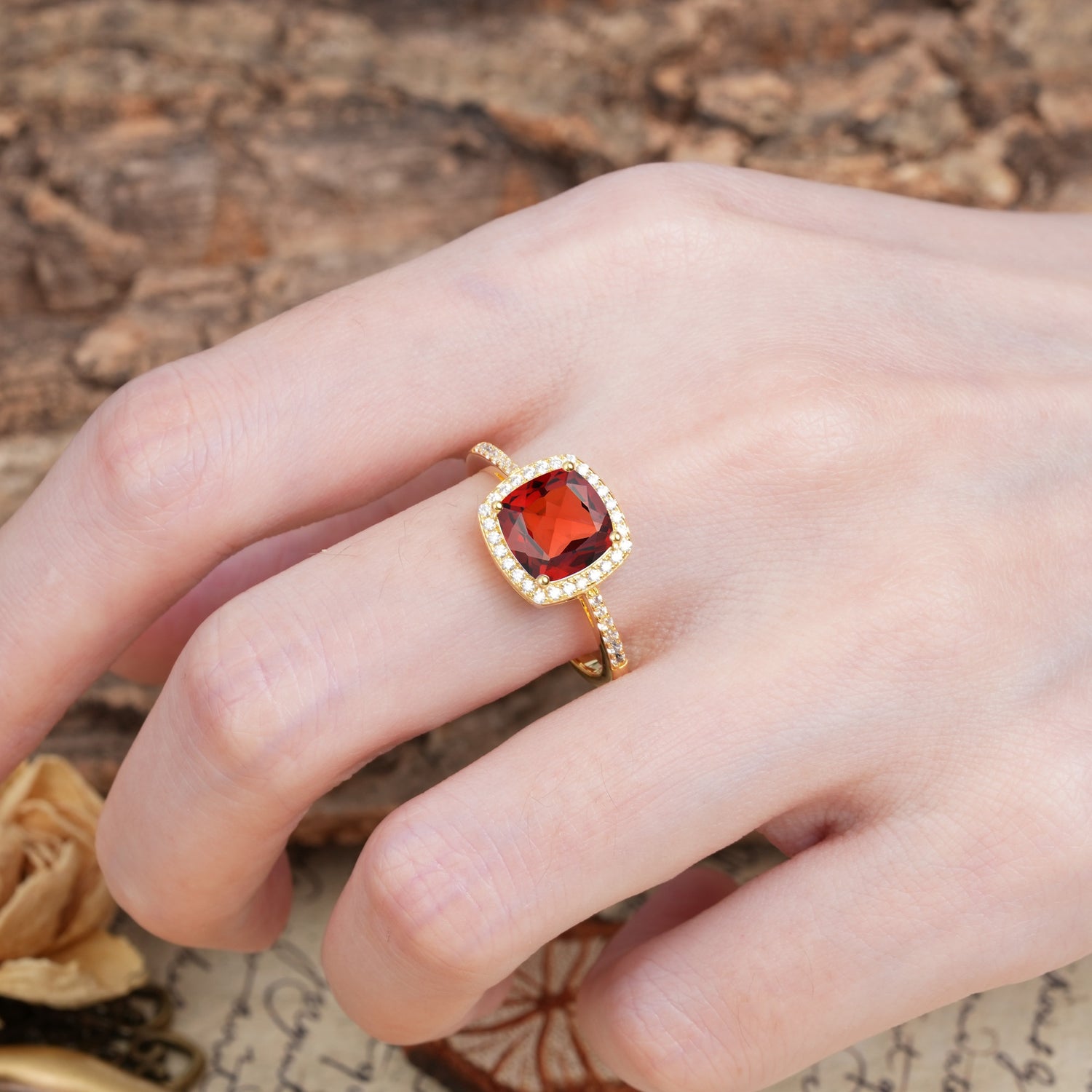 Luxurious and Unique 4-Prong Princess Cut  Garnet Engagement Ring - Additional view