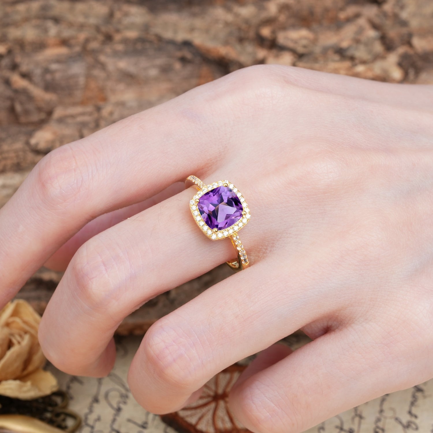 Luxurious and Unique 4-Prong Princess Cut  Amethyst Engagement Ring - Additional view