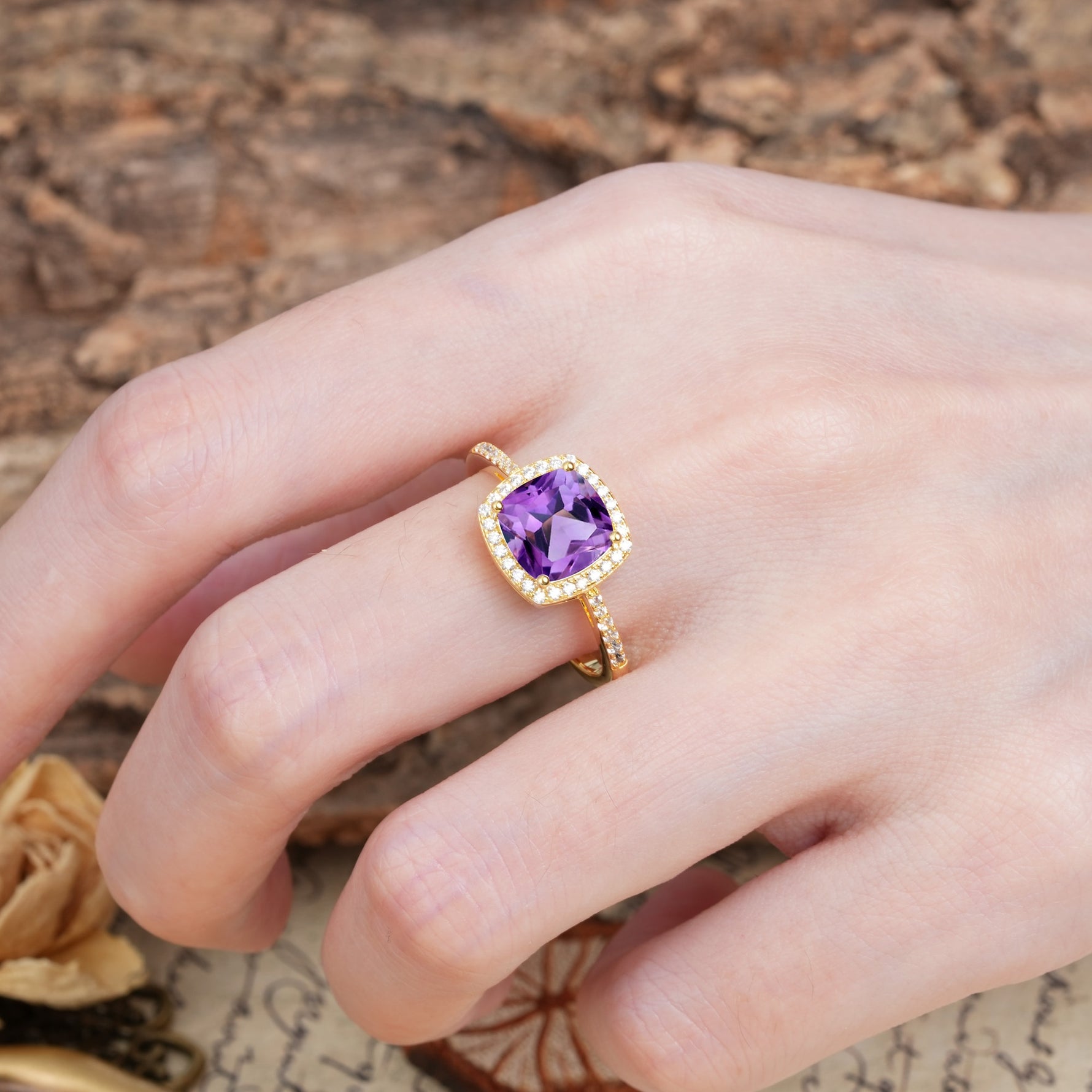 Luxurious and Unique 4-Prong Princess Cut  Amethyst Engagement Ring - Additional view