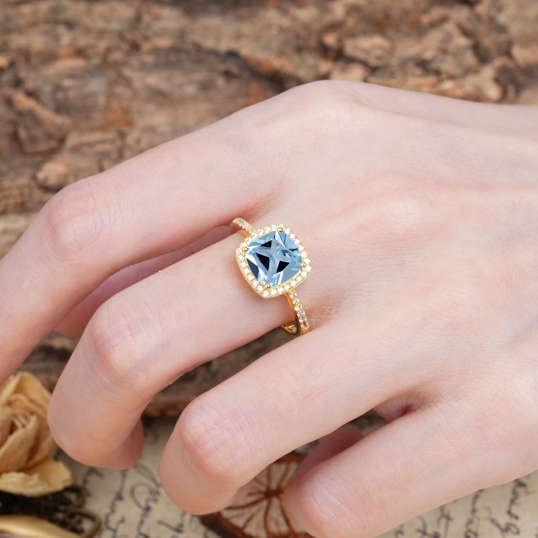 Luxurious and Unique 4-Prong Princess Cut  Aquamarine Engagement Ring - Additional view
