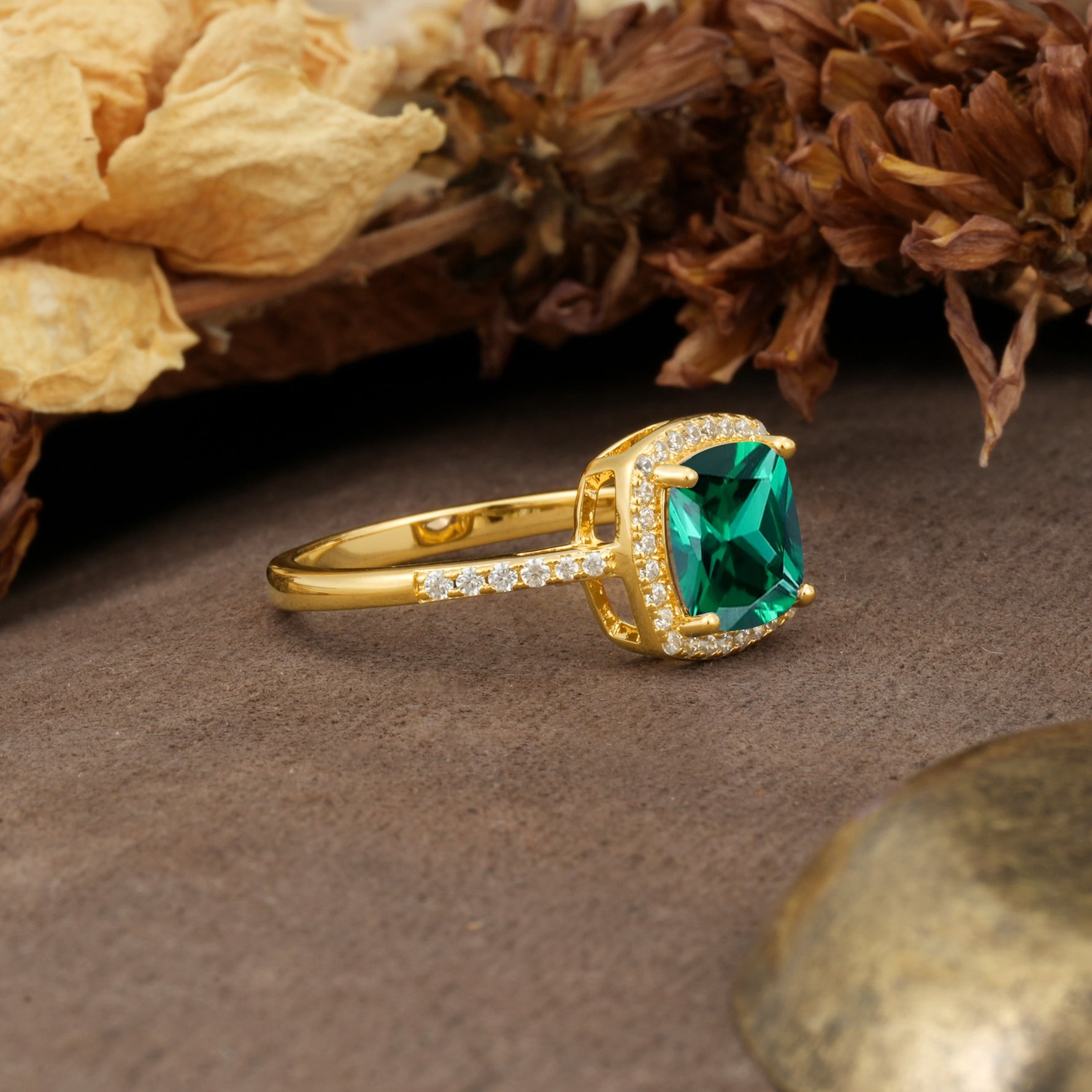 Luxurious and Unique 4-Prong Princess Cut  Emerald Engagement Ring - Additional view