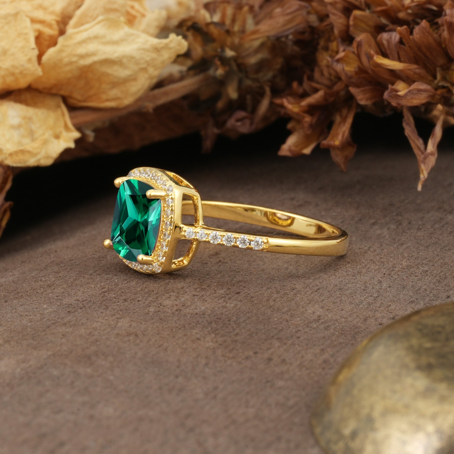 Luxurious and Unique 4-Prong Princess Cut  Emerald Engagement Ring - Additional view