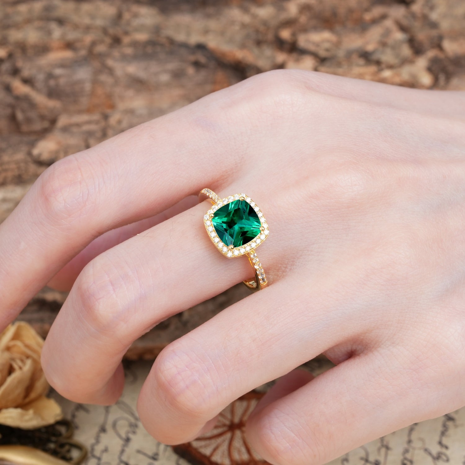 Luxurious and Unique 4-Prong Princess Cut  Emerald Engagement Ring - Additional view