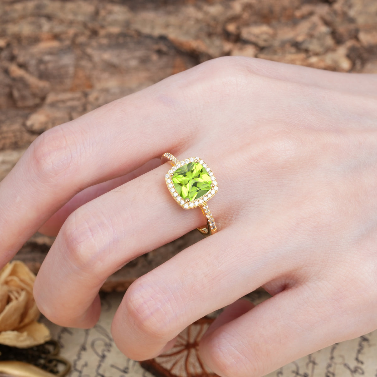 Luxurious and Unique 4-Prong Princess Cut  Peridot Engagement Ring - Additional view