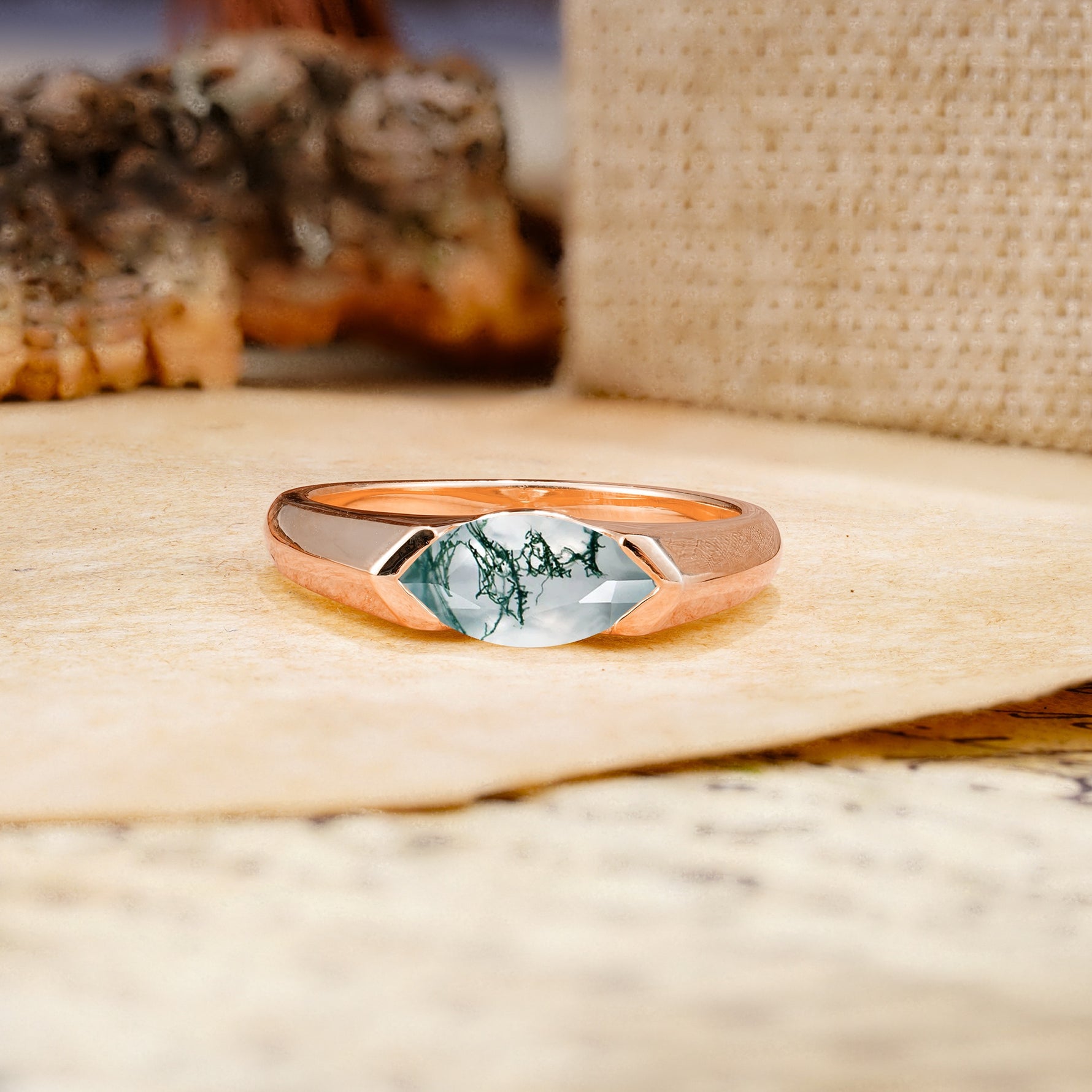 Classic Unique 3-Prong Pear Cut Moss Agate Two stones Engagement Ring - Additional view