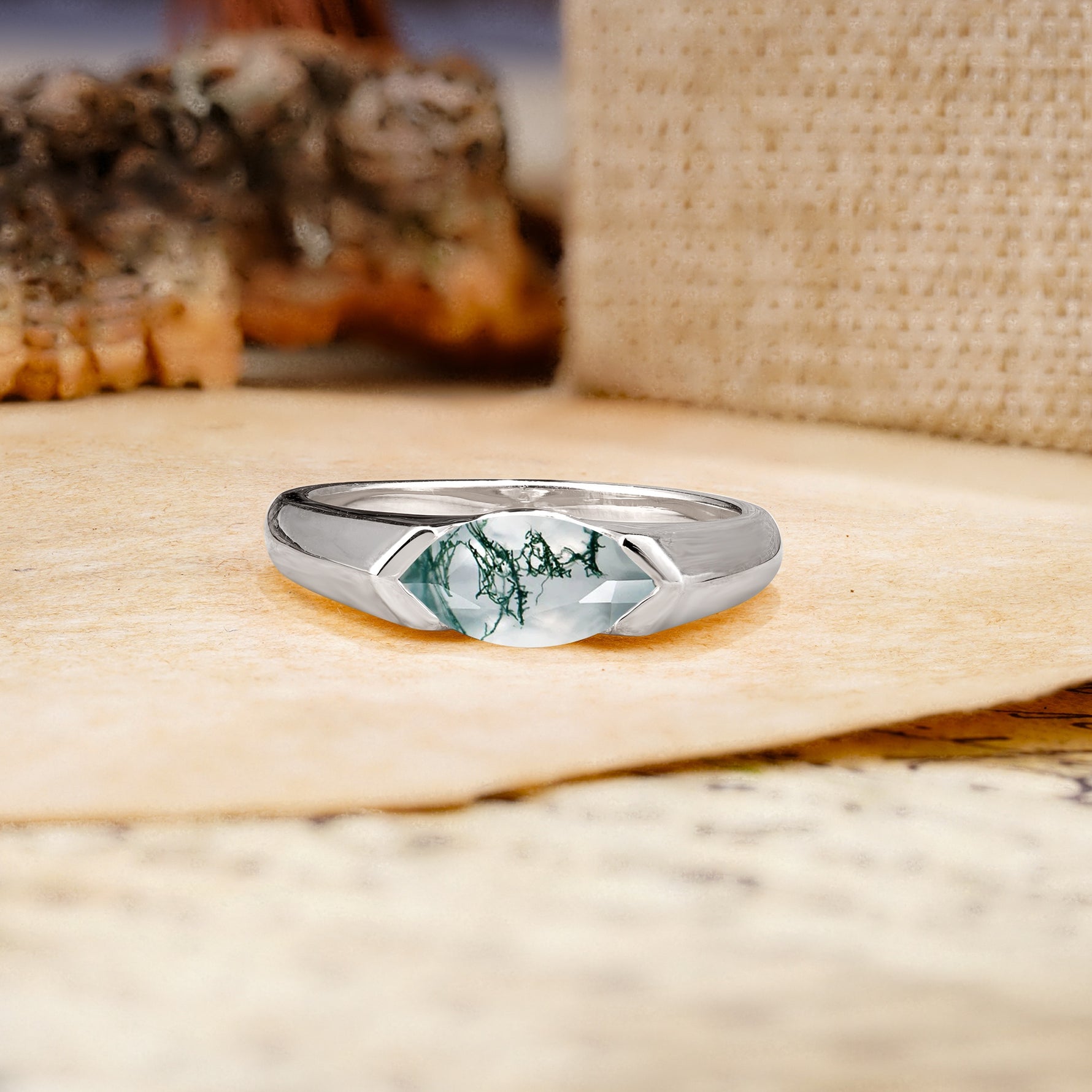 Classic Unique 3-Prong Pear Cut Moss Agate Two stones Engagement Ring - Additional view