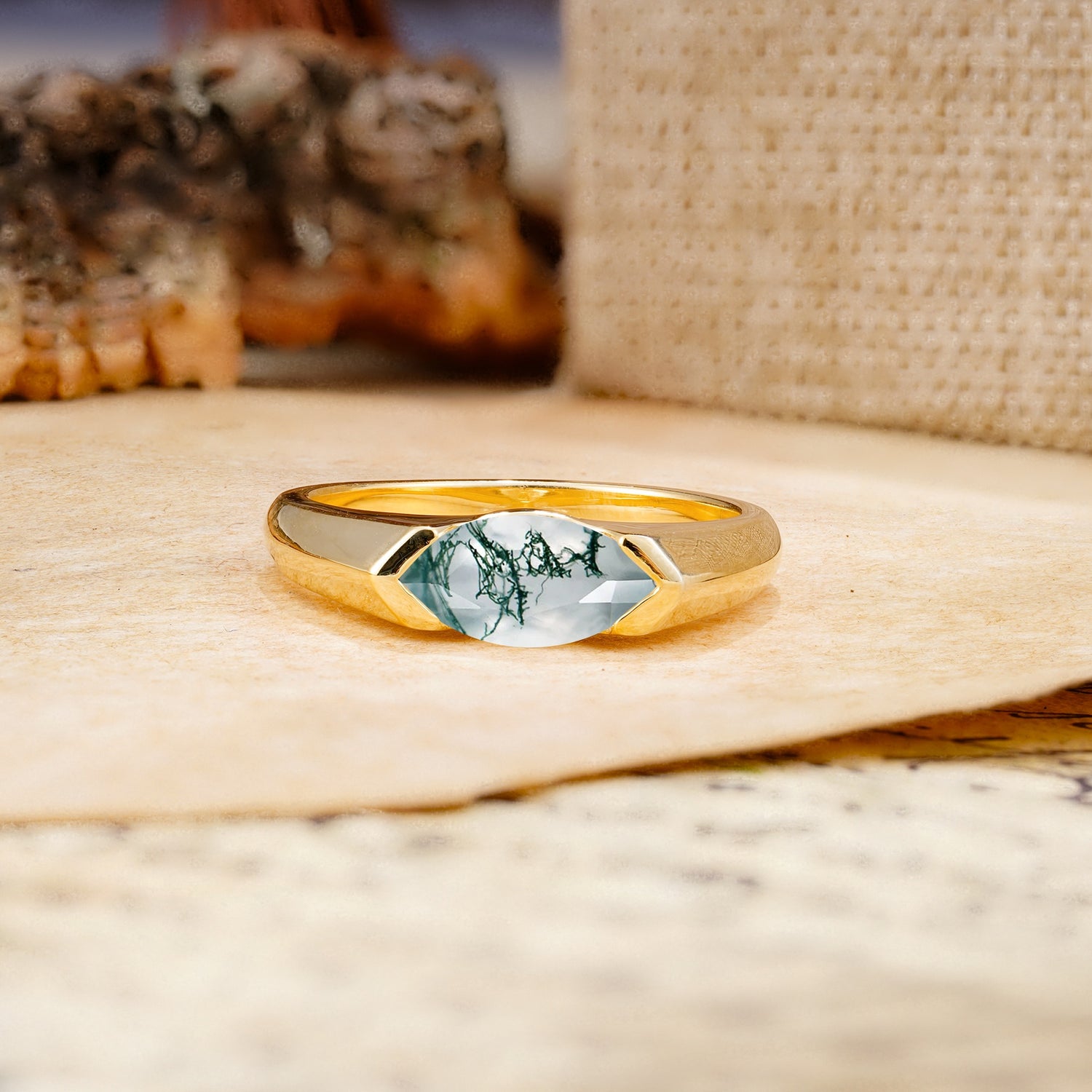 Classic Unique 3-Prong Pear Cut Moss Agate Two stones Engagement Ring - Additional view