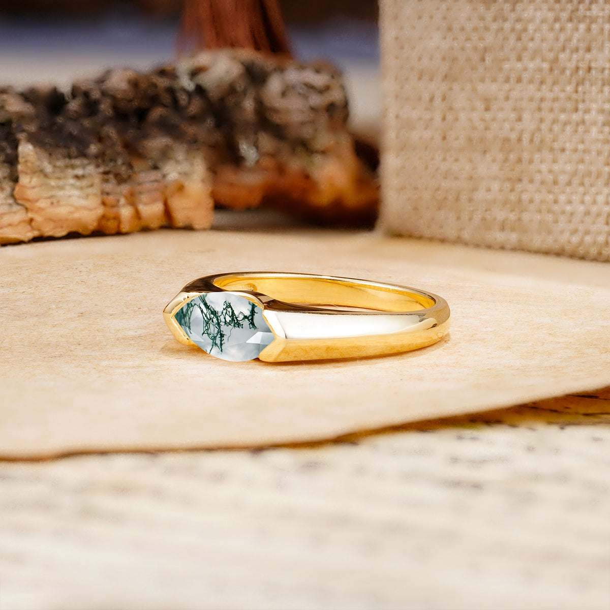 Classic Unique 3-Prong Pear Cut Moss Agate Two stones Engagement Ring - Additional view