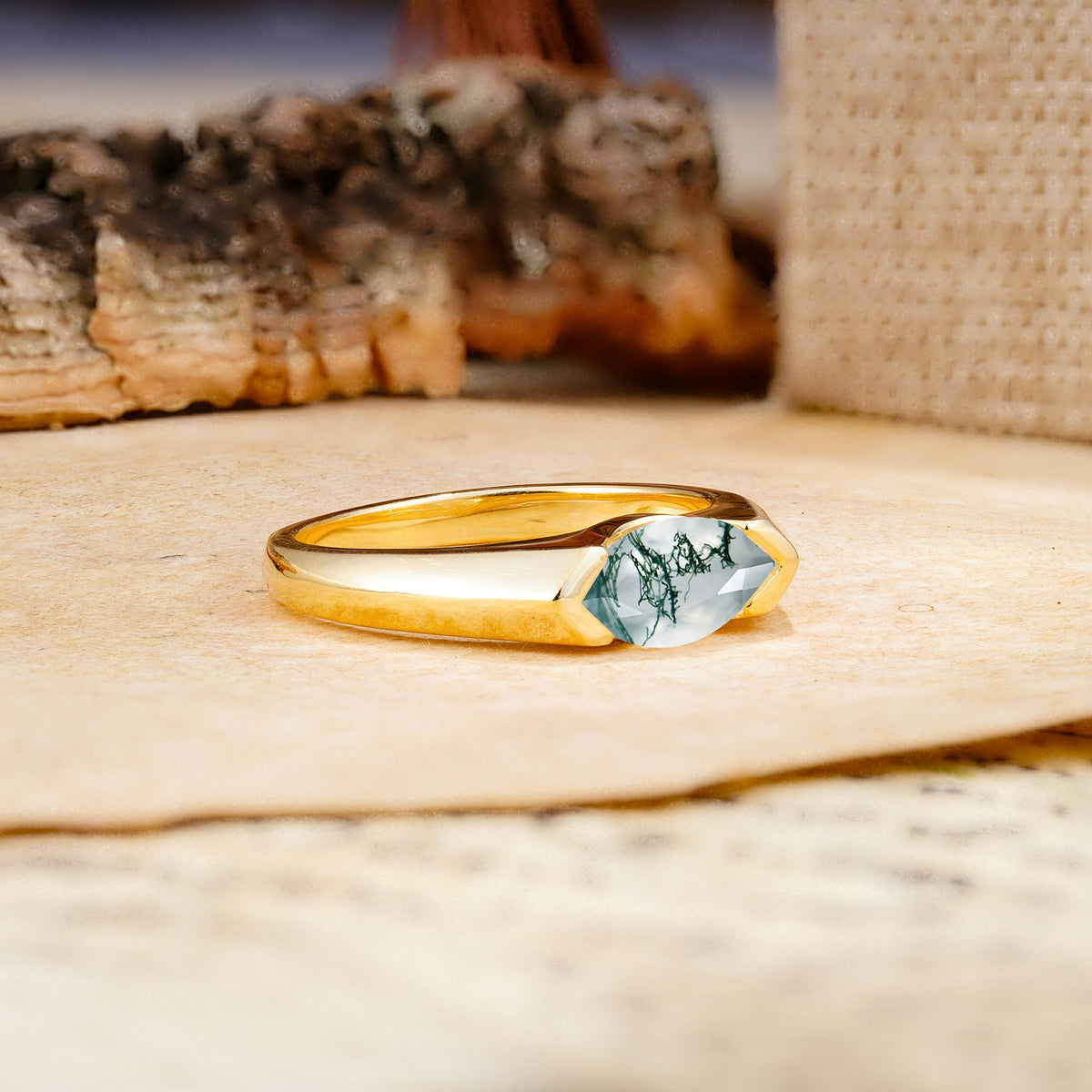 Classic Unique 3-Prong Pear Cut Moss Agate Two stones Engagement Ring - Additional view