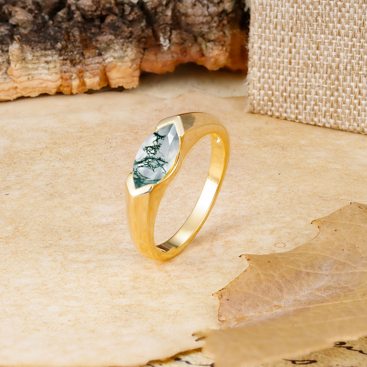 Classic Unique 3-Prong Pear Cut Moss Agate Two stones Engagement Ring - Additional view