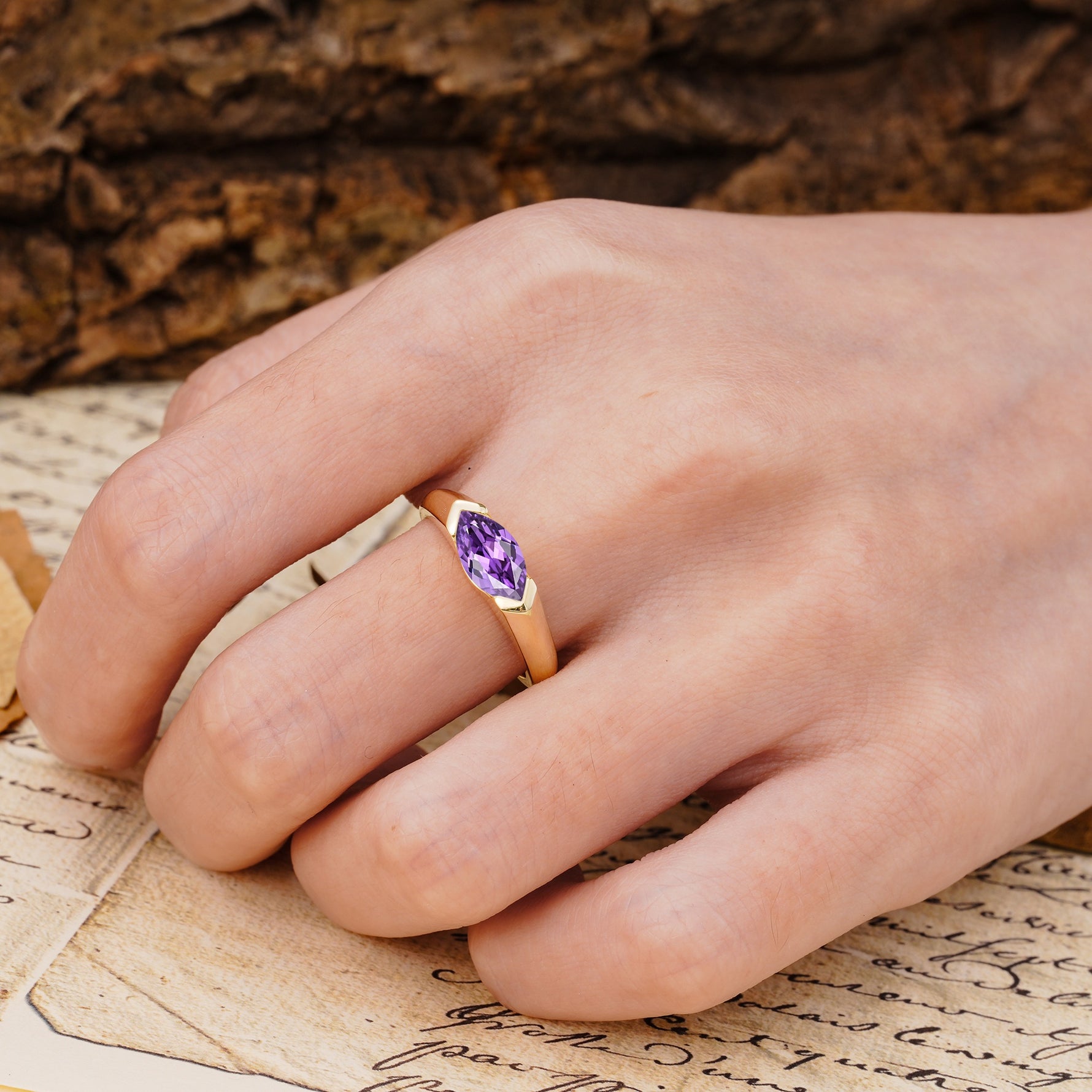 Classic Unique 3-Prong Pear Cut Amethyst Two stones Engagement Ring - Additional view