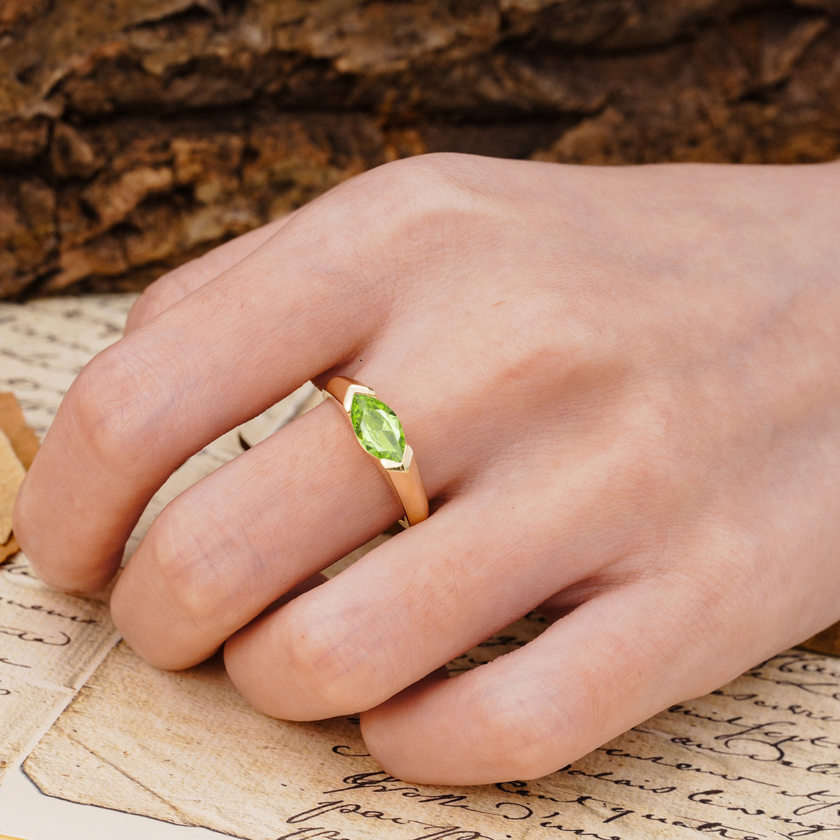 Classic Unique 3-Prong Pear Cut Peridot Two stones Engagement Ring - Additional view