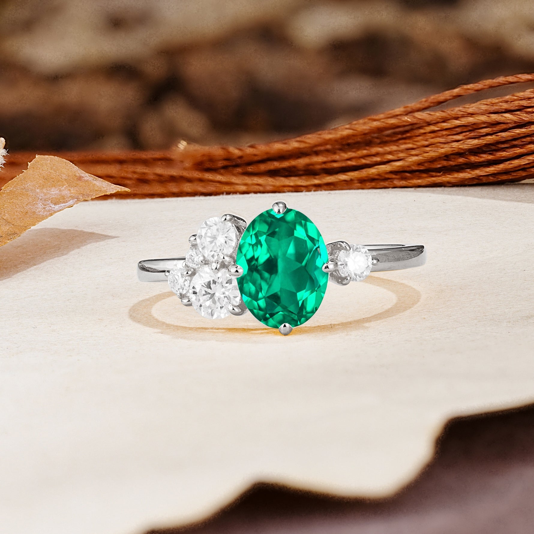 Classic And Unique Inlaid Marquise Cut Emerald Engagement Ring - Additional view