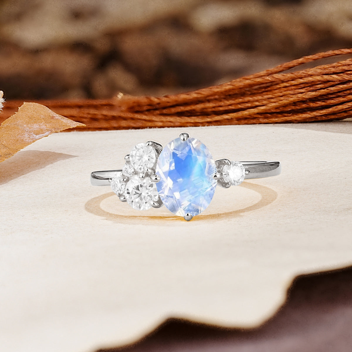 Classic And Unique Inlaid Marquise Cut Moonstone Engagement Ring - Additional view