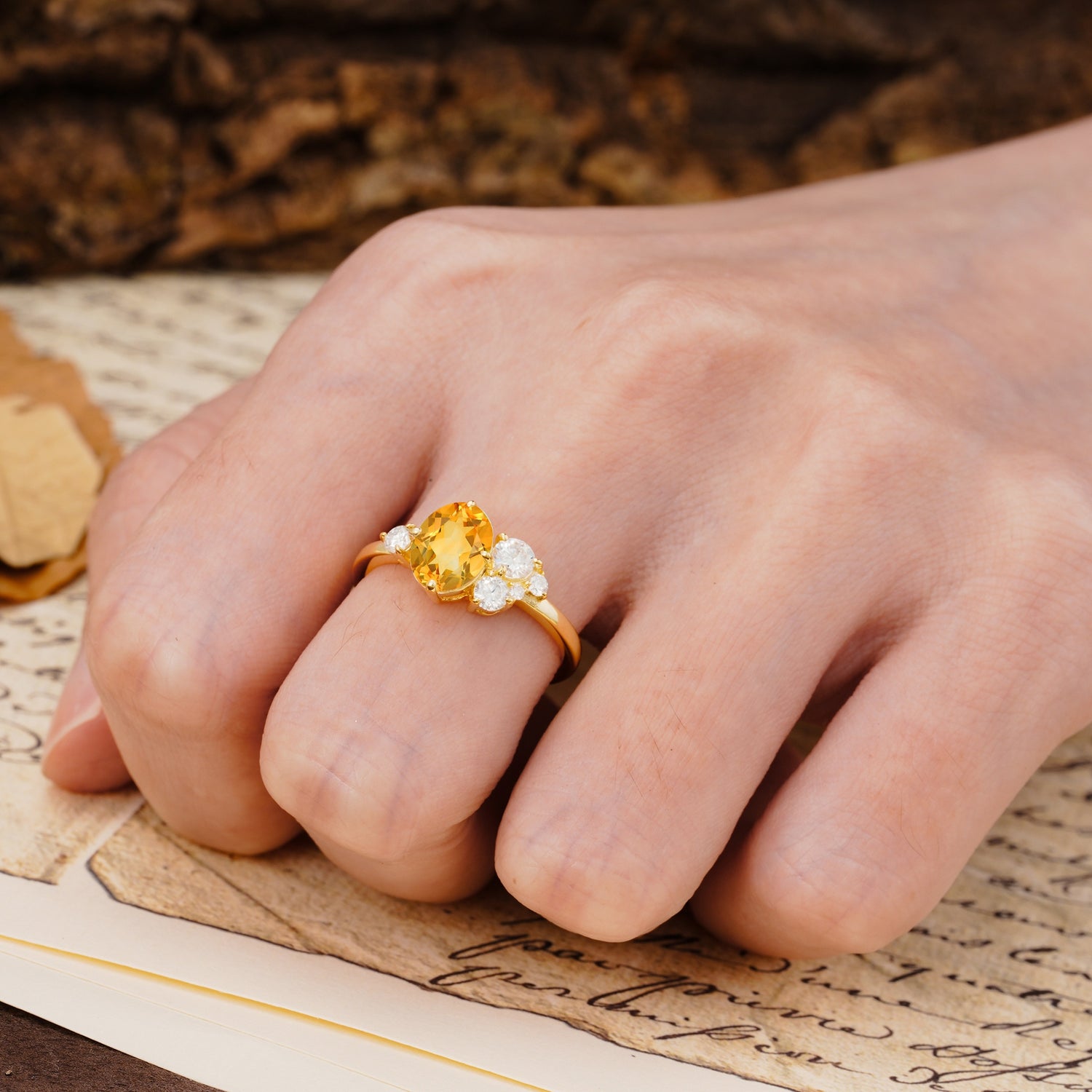 Classic And Unique Inlaid Marquise Cut Citrine Engagement Ring - Additional view