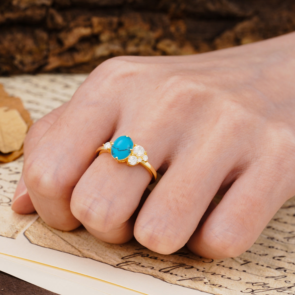 Classic And Unique Inlaid Marquise Cut Turquoise Engagement Ring - Additional view