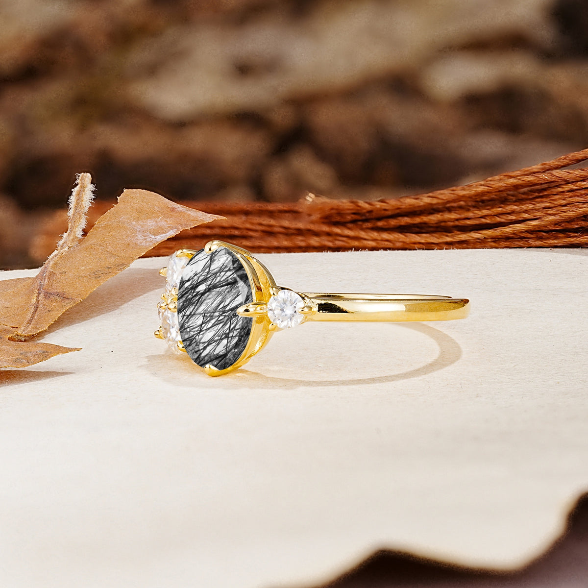 Classic And Unique Inlaid Marquise Cut Black Rutilated Quartz Engagement Ring - Additional view
