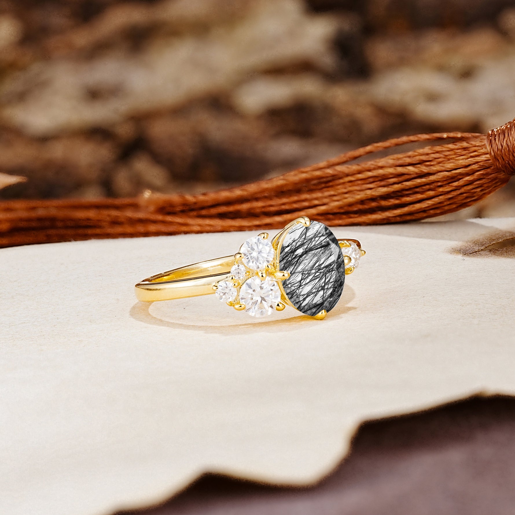 Classic And Unique Inlaid Marquise Cut Black Rutilated Quartz Engagement Ring - Additional view