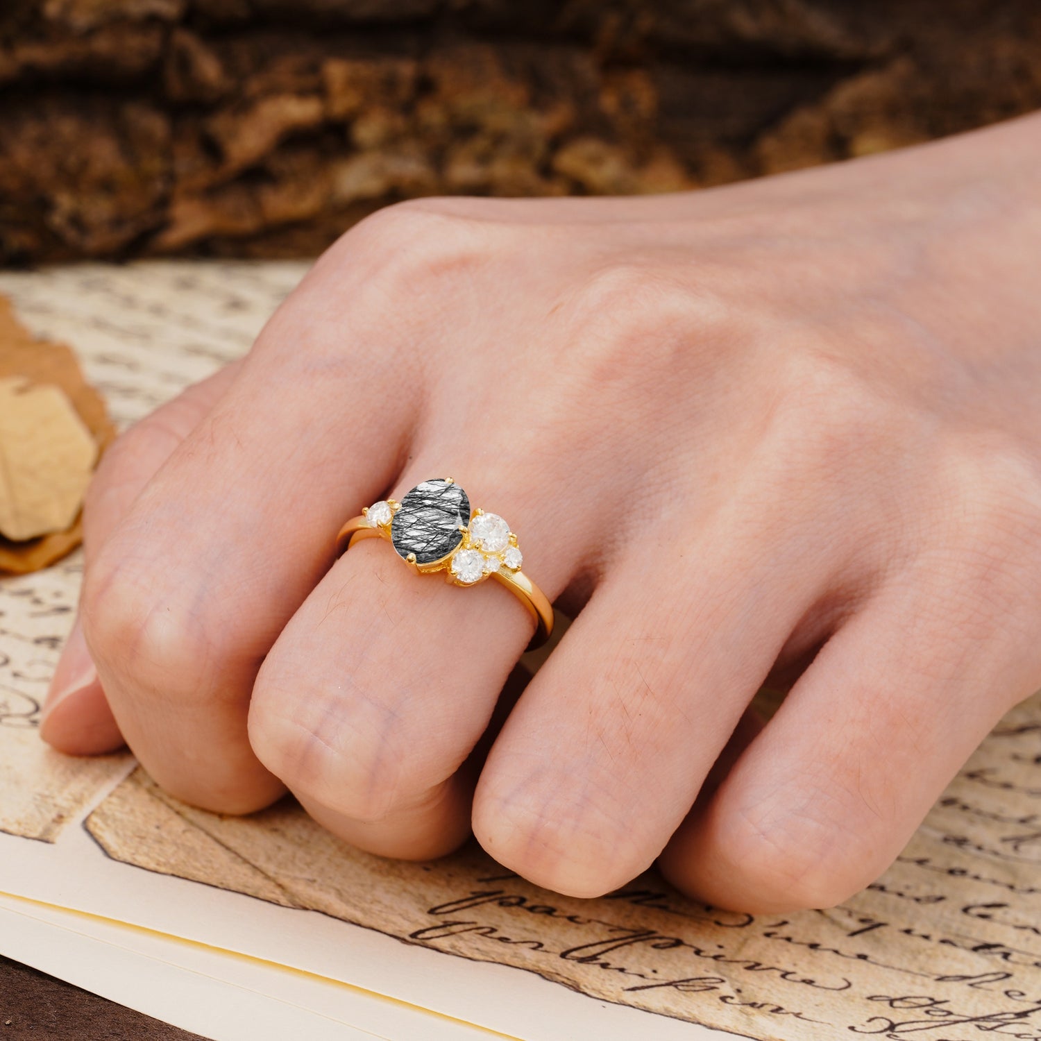 Classic And Unique Inlaid Marquise Cut Black Rutilated Quartz Engagement Ring - Additional view