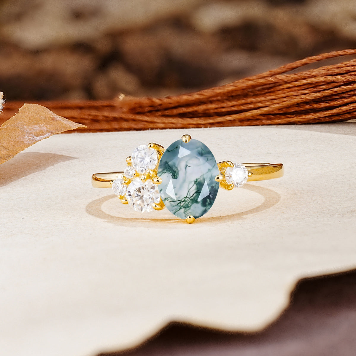 Classic And Unique Inlaid Marquise Cut Moss Agate Engagement Ring - Additional view