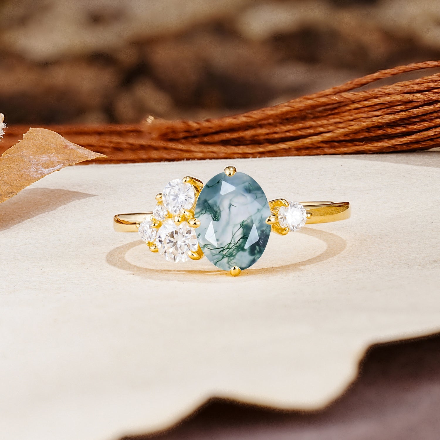 Classic And Unique Inlaid Marquise Cut Moss Agate Engagement Ring - Additional view