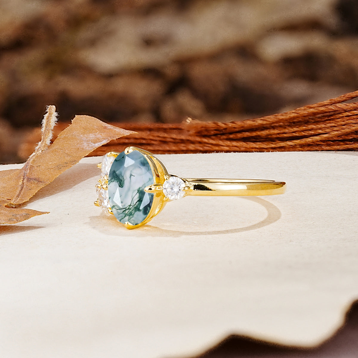 Classic And Unique Inlaid Marquise Cut Moss Agate Engagement Ring - Additional view