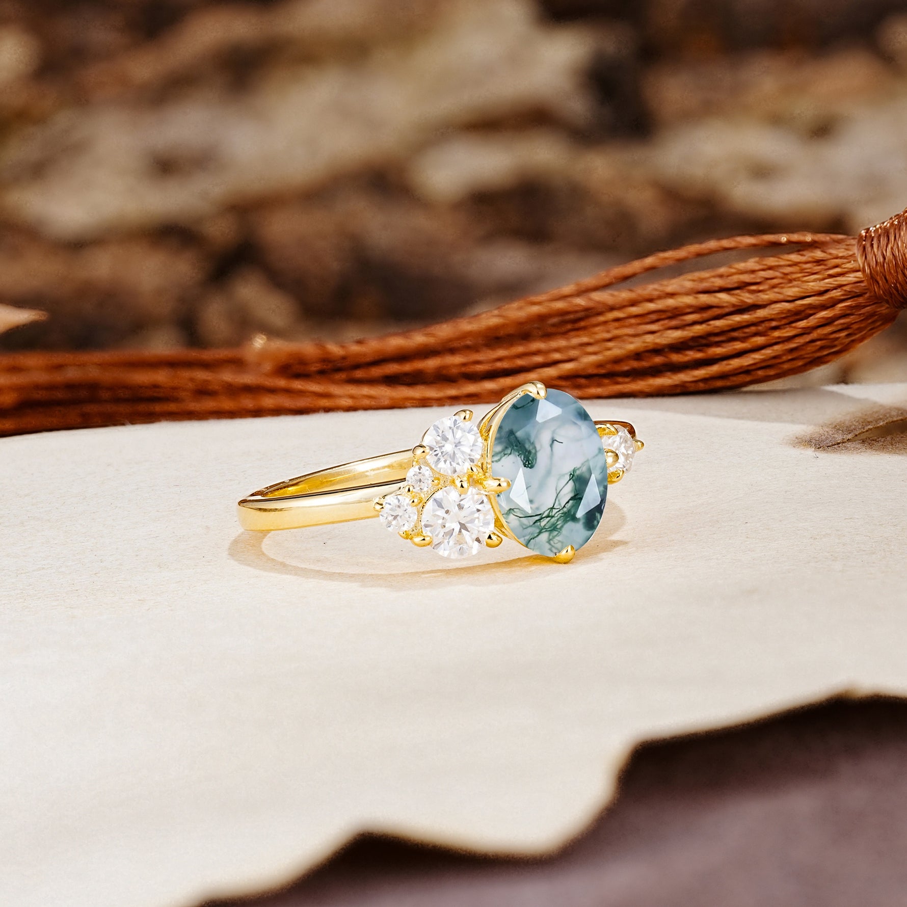 Classic And Unique Inlaid Marquise Cut Moss Agate Engagement Ring - Additional view