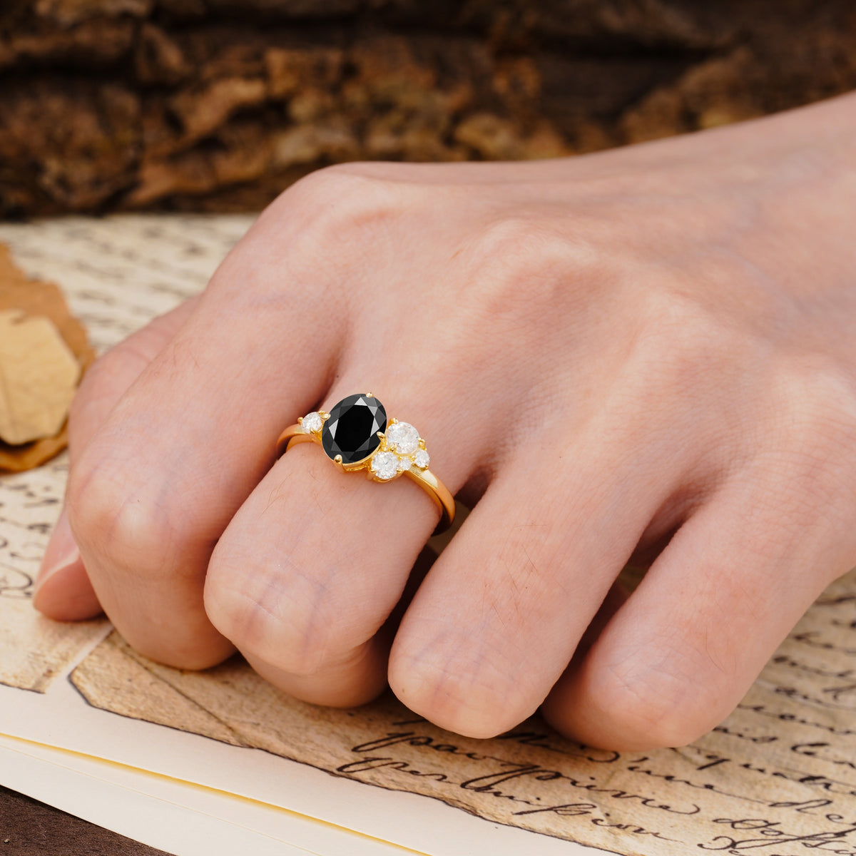 Classic And Unique Inlaid Marquise Cut Black Onyx Engagement Ring - Additional view