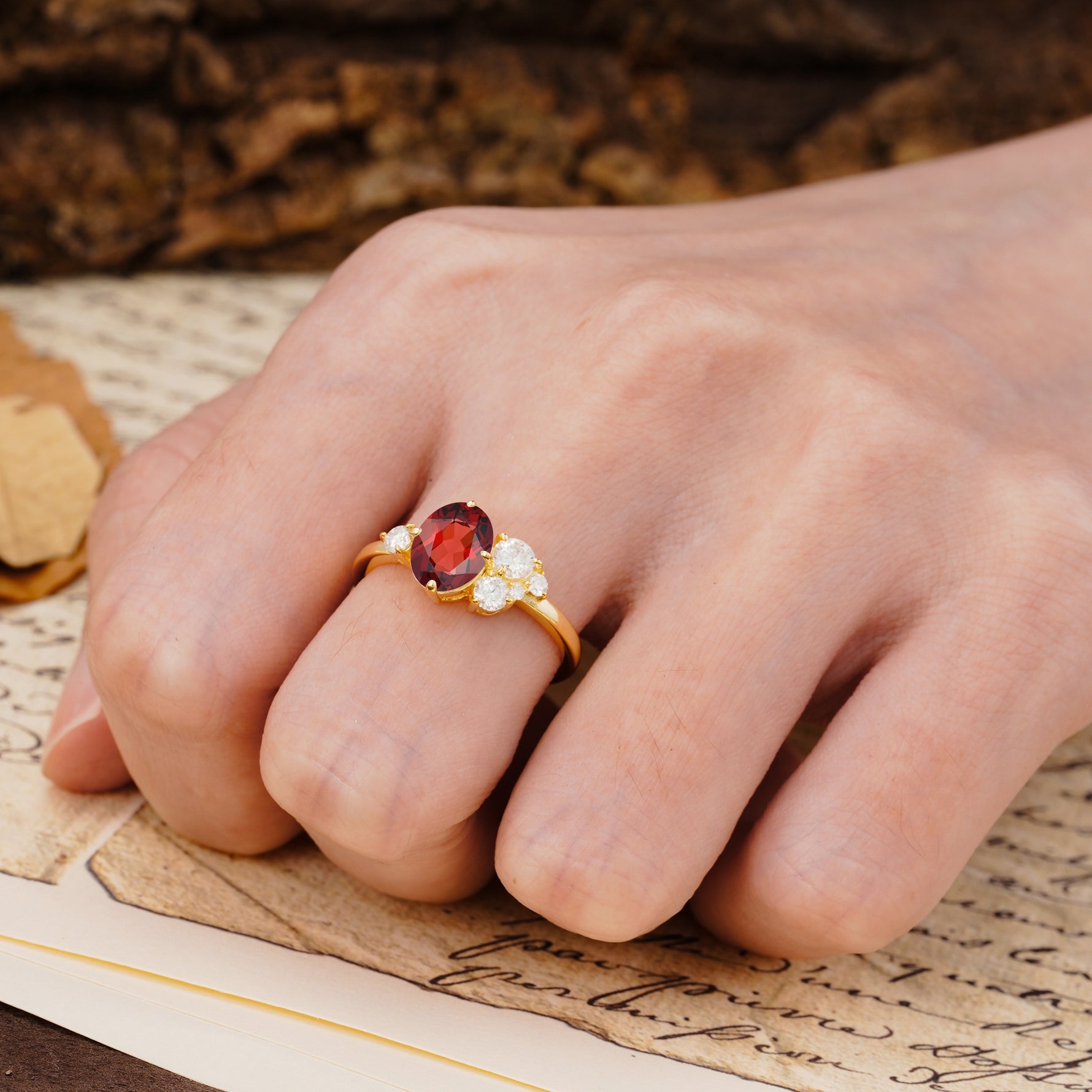 Classic And Unique Inlaid Marquise Cut Garnet Engagement Ring - Additional view