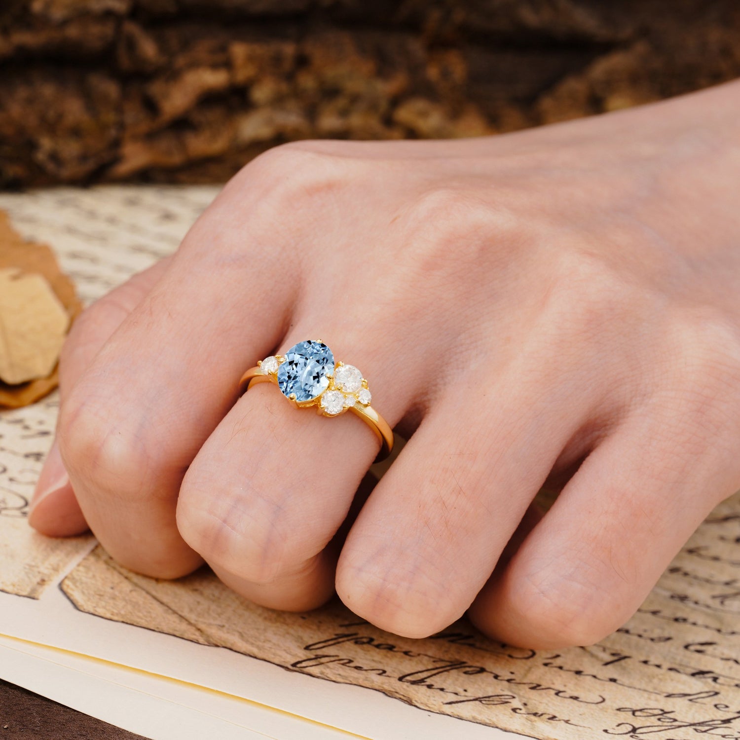 Classic And Unique Inlaid Marquise Cut Aquamarine Engagement Ring
