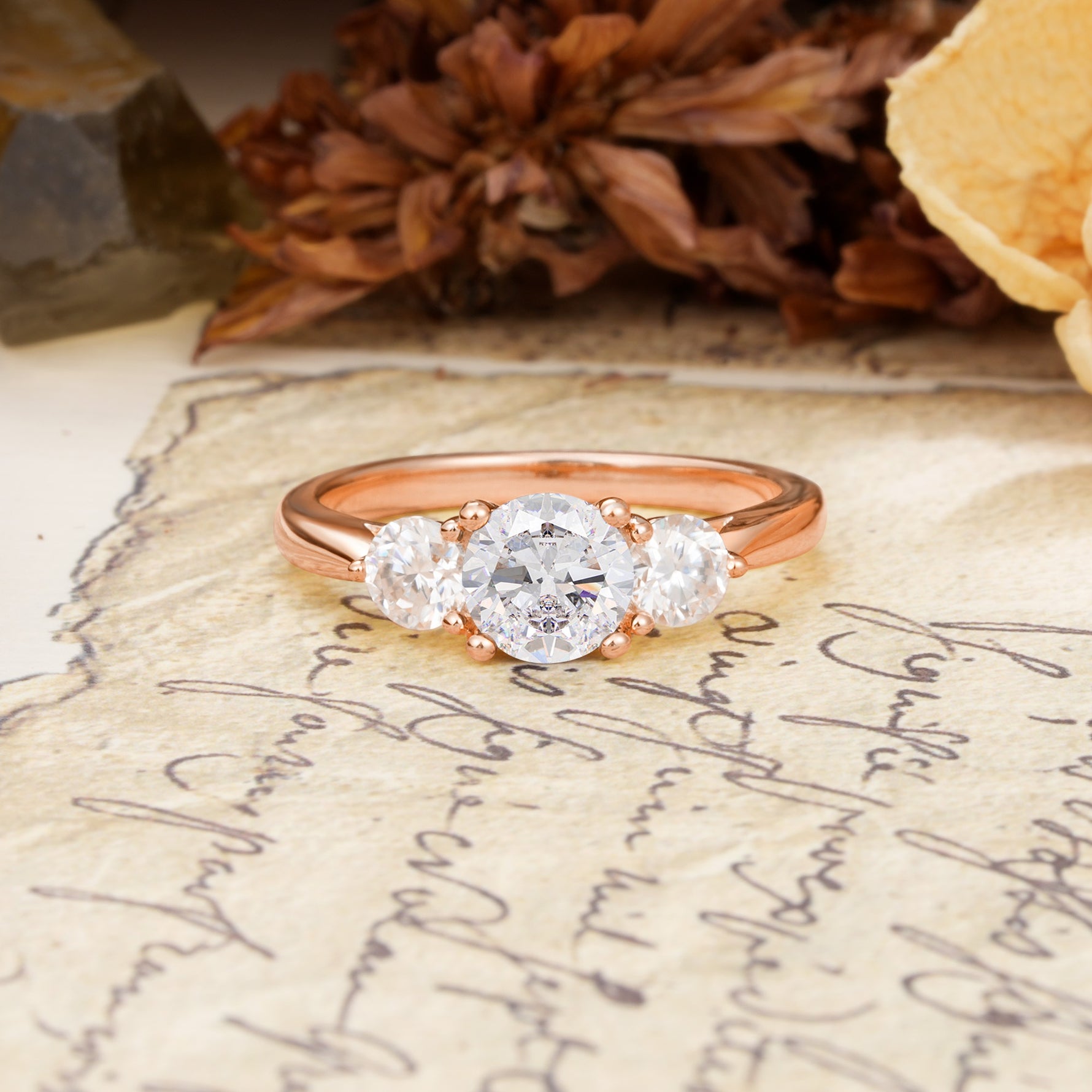 Luxurious Vintage 4 Prong Round Cut Moissanite Three Stone Wedding Ring - Additional view