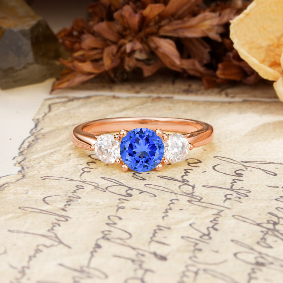 Luxurious Vintage 4 Prong Round Cut Sapphire Three Stone Wedding Ring - Additional view