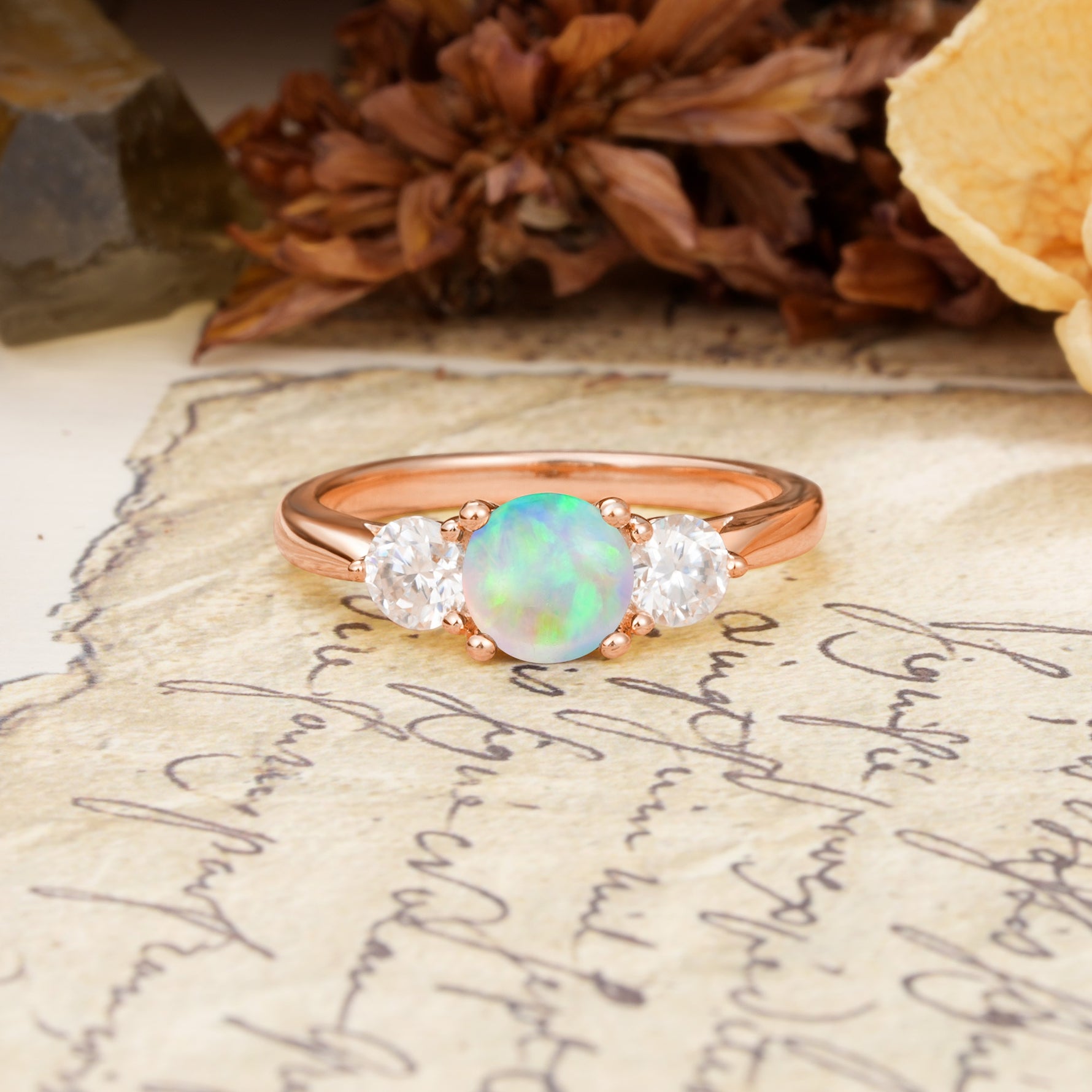 Luxurious Vintage 4 Prong Round Cut Fire Opal Three Stone Wedding Ring - Additional view