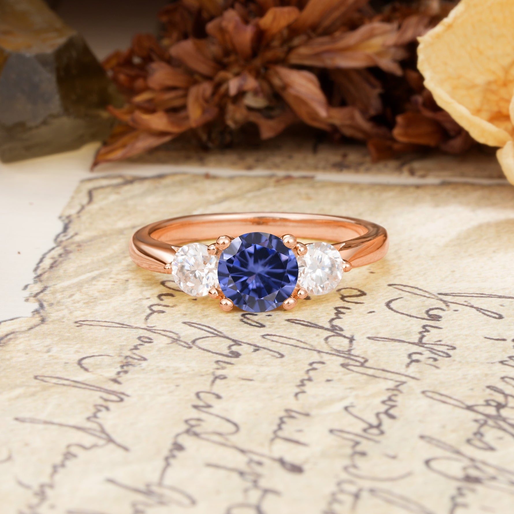 Luxurious Vintage 4 Prong Round Cut Tanzanite Three Stone Wedding Ring - Additional view
