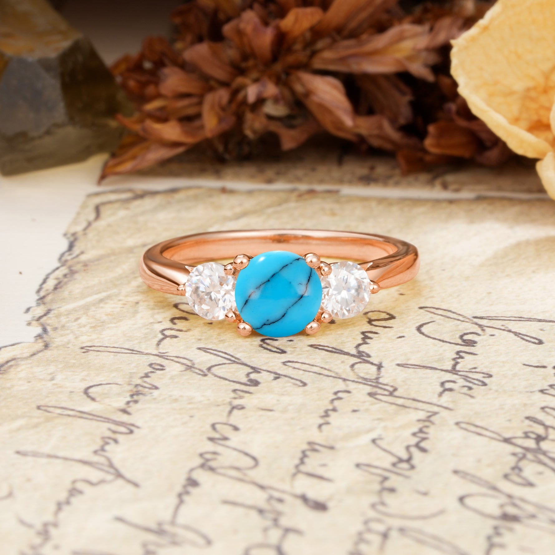 Luxurious Vintage 4 Prong Round Cut Turquoise Three Stone Wedding Ring - Additional view