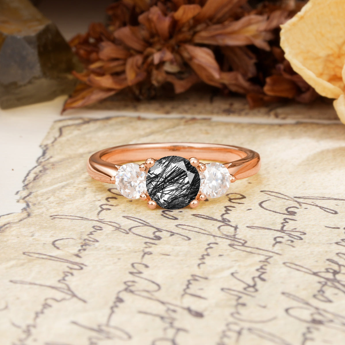 Luxurious Vintage 4 Prong Round Cut Black Rutilated Quartz Three Stone Wedding Ring - Additional view