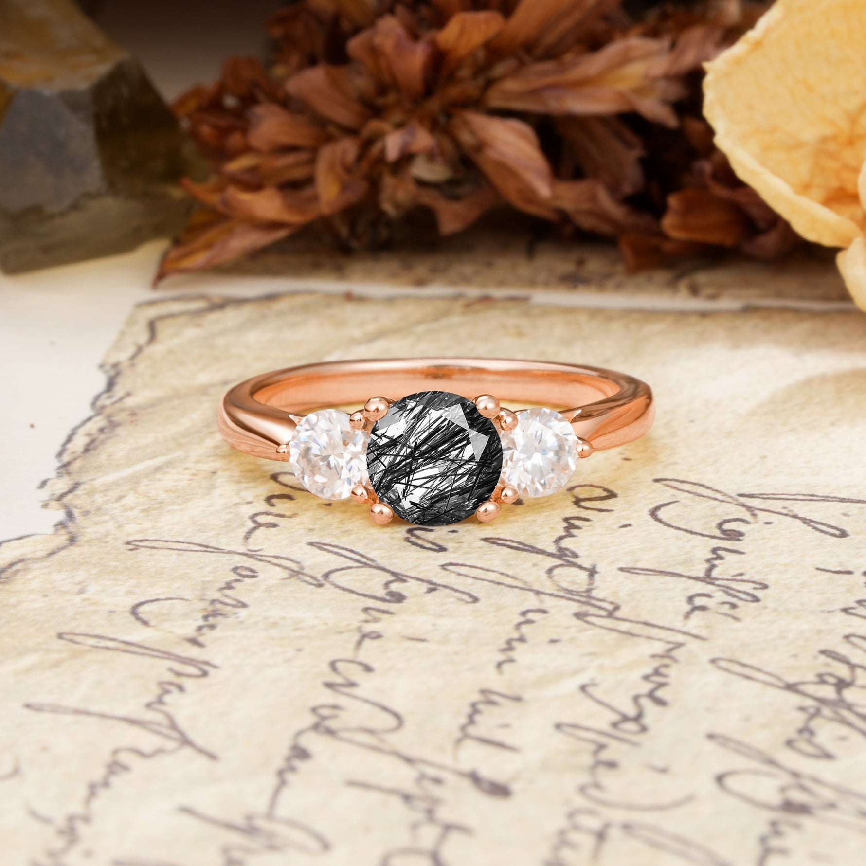 Luxurious Vintage 4 Prong Round Cut Black Rutilated Quartz Three Stone Wedding Ring - Additional view