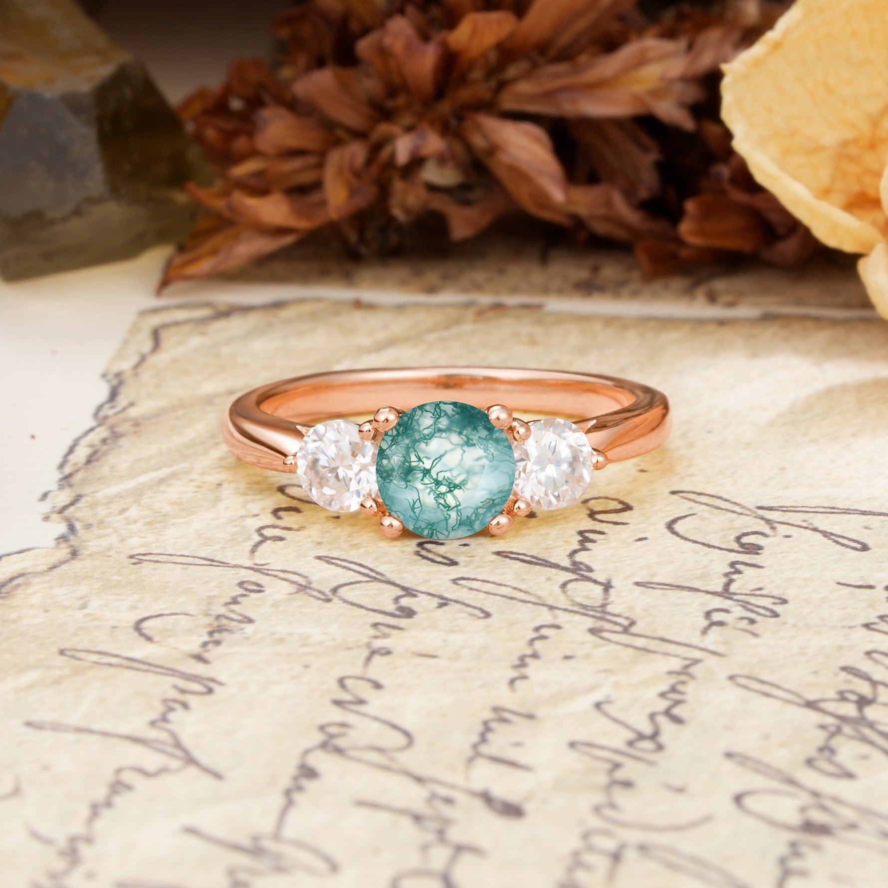 Luxurious Vintage 4 Prong Round Cut Moss Agate Three Stone Wedding Ring - Additional view