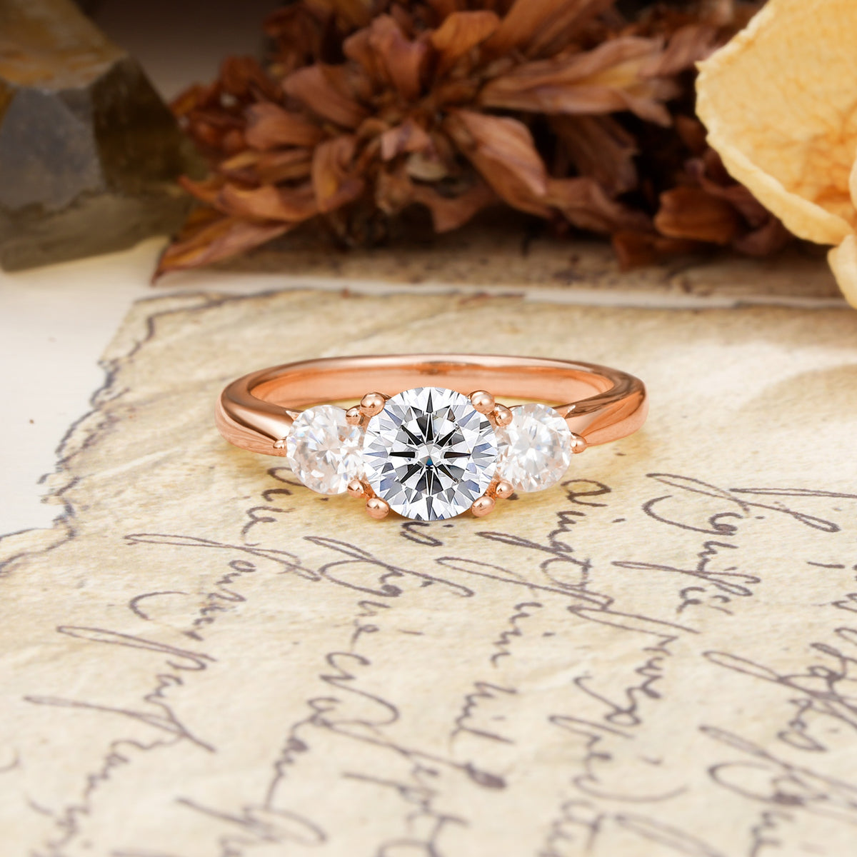 Luxurious Vintage 4 Prong Round Cut Lab Diamond Three Stone Wedding Ring - Additional view
