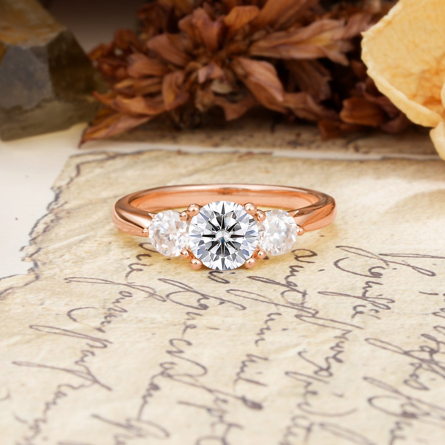 Luxurious Vintage 4 Prong Round Cut Lab Diamond Three Stone Wedding Ring - Additional view