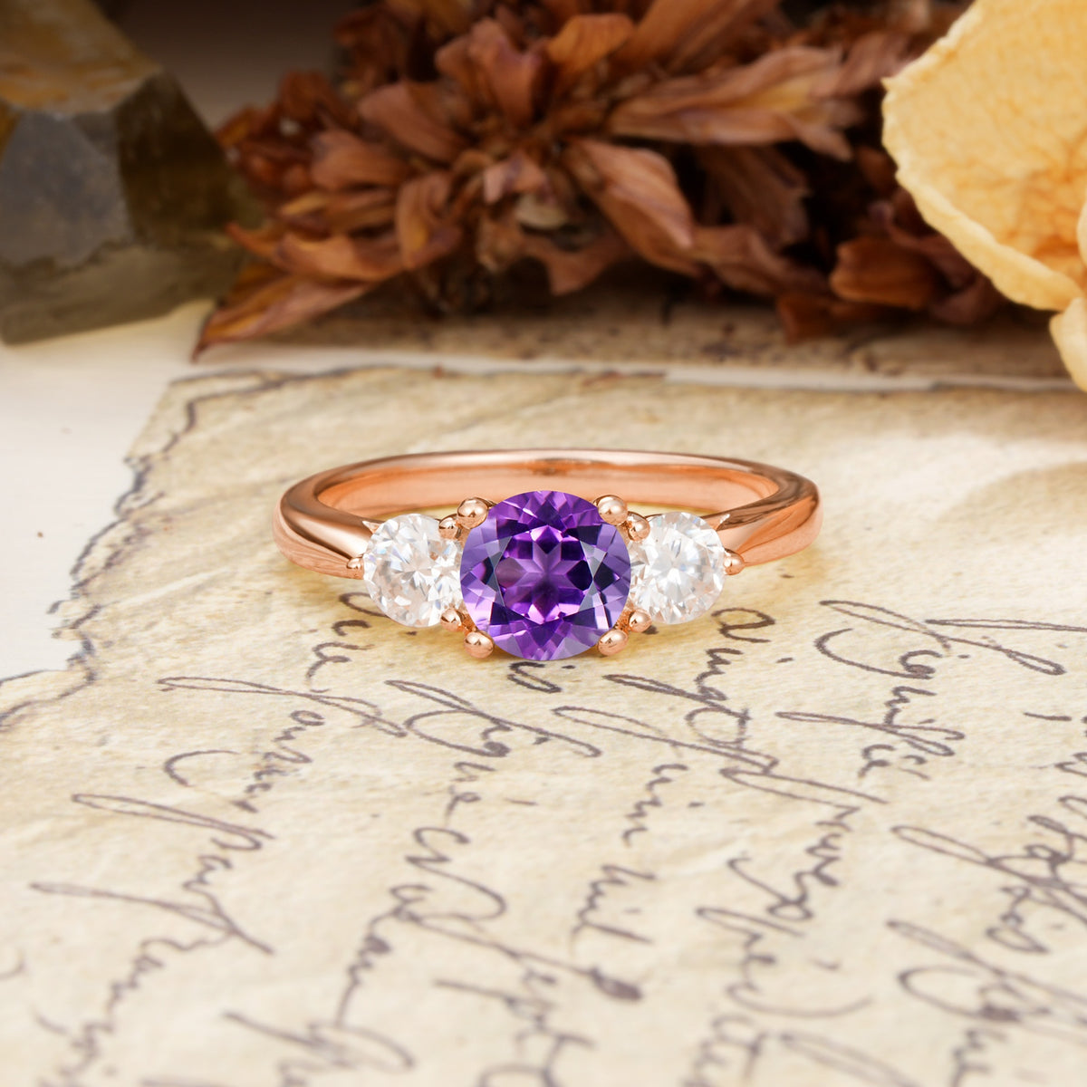 Luxurious Vintage 4 Prong Round Cut Amethyst Three Stone Wedding Ring - Additional view