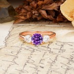 Luxurious Vintage 4 Prong Round Cut Amethyst Three Stone Wedding Ring - Additional view