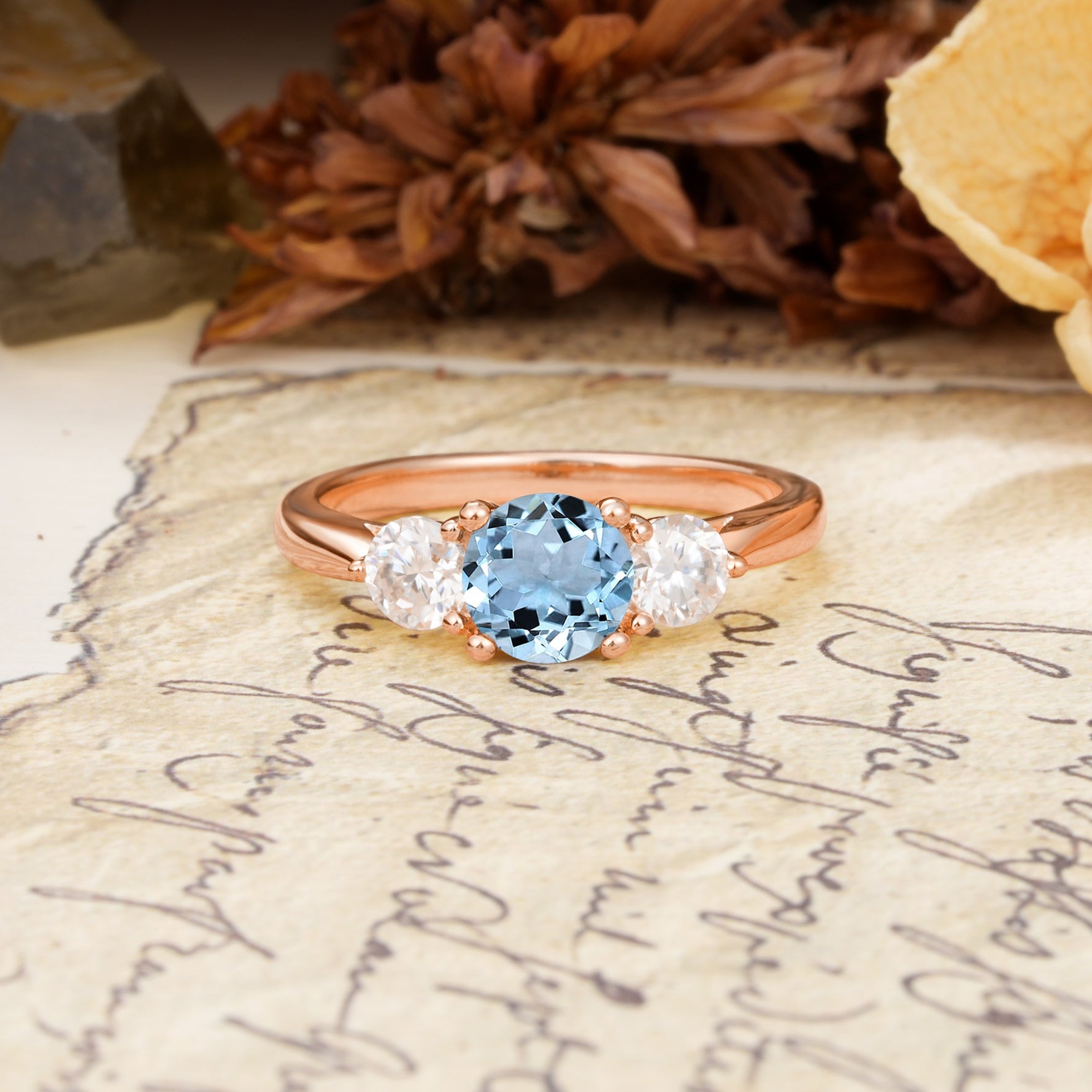 Luxurious Vintage 4 Prong Round Cut Aquamarine Three Stone Wedding Ring - Additional view