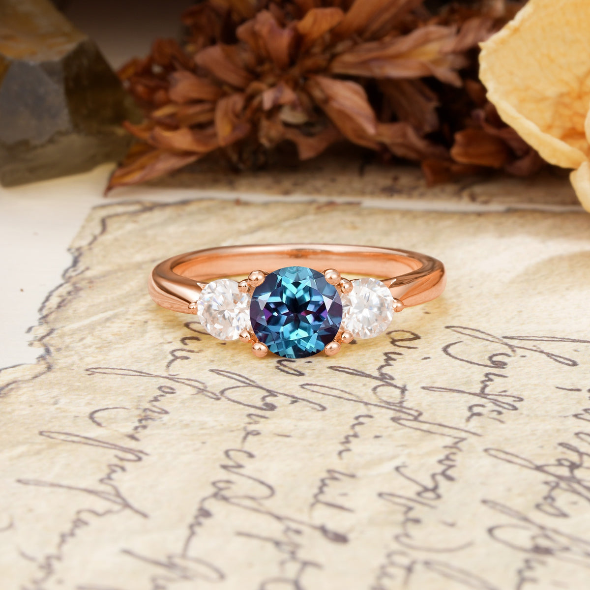 Luxurious Vintage 4 Prong Round Cut Alexandrite Three Stone Wedding Ring - Additional view