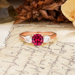 Luxurious Vintage 4 Prong Round Cut Ruby Three Stone Wedding Ring - Additional view