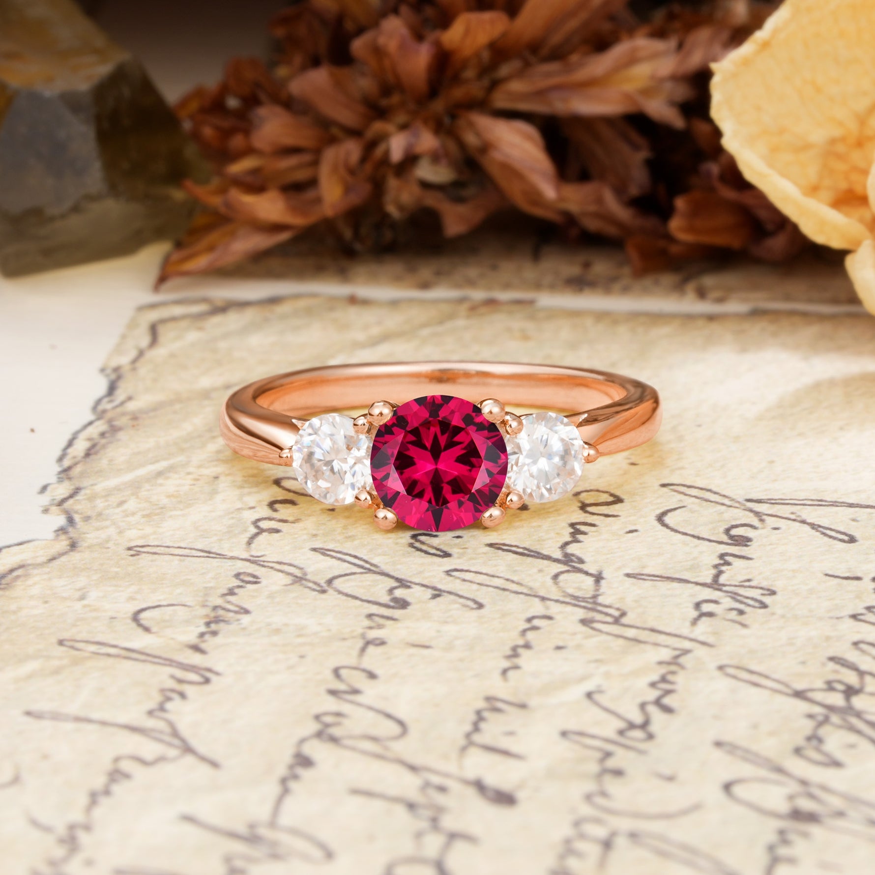 Luxurious Vintage 4 Prong Round Cut Ruby Three Stone Wedding Ring - Additional view